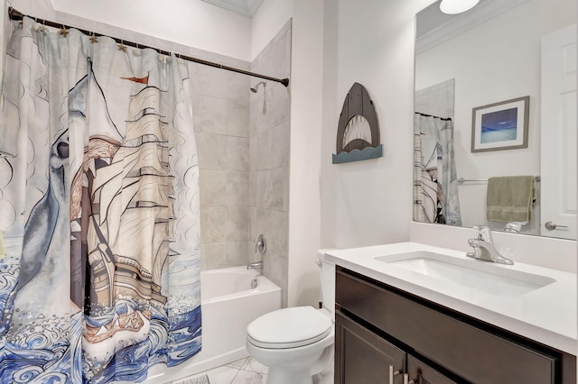 full bathroom with toilet, vanity, tile patterned floors, shower / tub combo, and crown molding