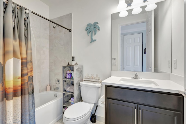 full bathroom with vanity, shower / bath combo with shower curtain, and toilet