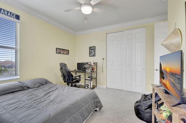 bedroom with ceiling fan, a closet, carpet floors, and crown molding