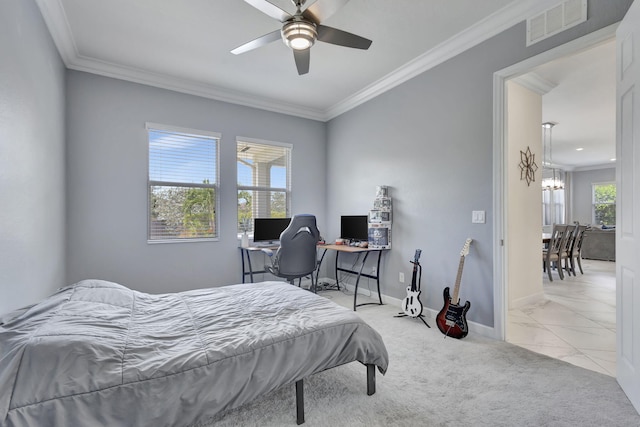 bedroom with multiple windows, ornamental molding, ceiling fan with notable chandelier, and light tile patterned floors