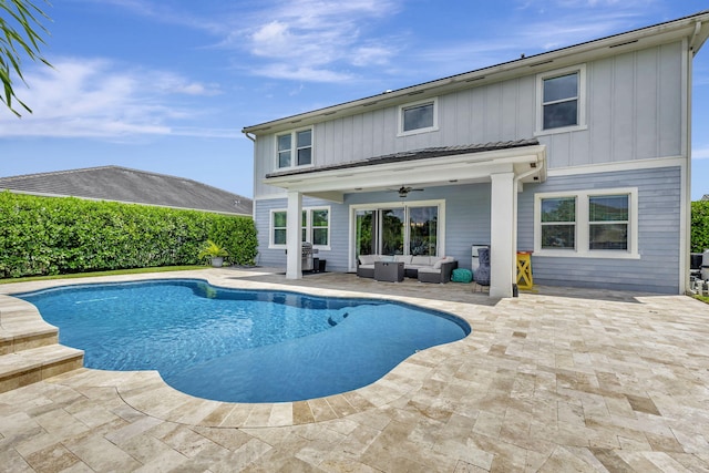 view of pool featuring ceiling fan, an outdoor hangout area, grilling area, and a patio area