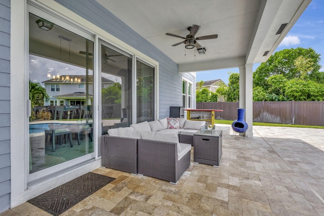 view of patio / terrace featuring ceiling fan and an outdoor hangout area