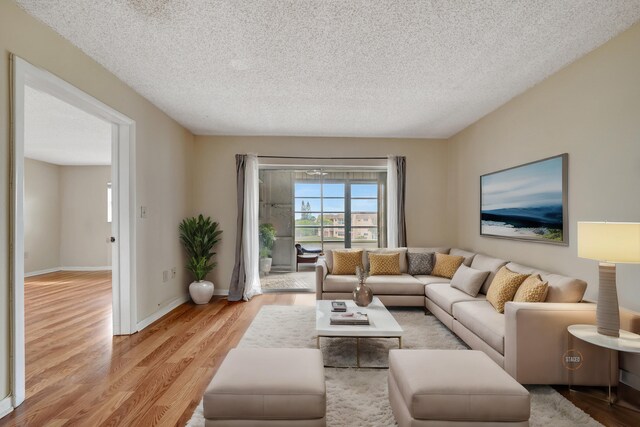 living room featuring light wood-type flooring and a textured ceiling