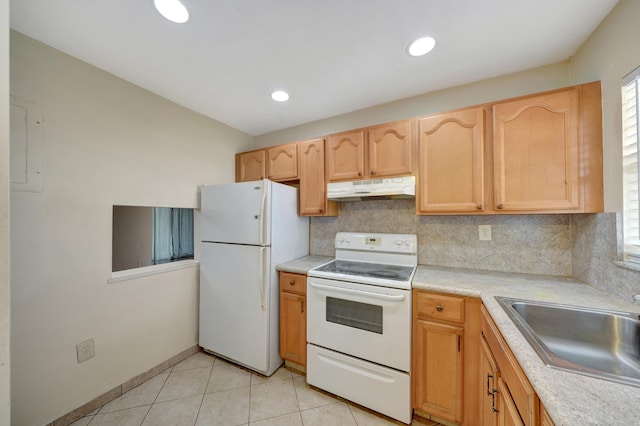 kitchen with tasteful backsplash, white appliances, light brown cabinets, light tile patterned floors, and sink