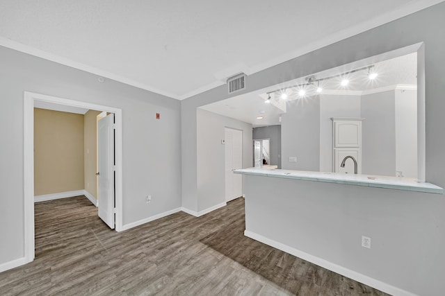 kitchen with wood-type flooring, track lighting, and ornamental molding