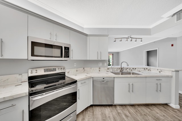 kitchen with appliances with stainless steel finishes, crown molding, track lighting, light hardwood / wood-style floors, and sink