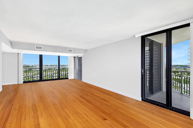 empty room with a textured ceiling, light wood-type flooring, and expansive windows