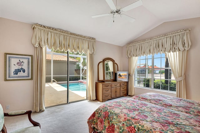 bedroom featuring ceiling fan, lofted ceiling, access to outside, and light carpet