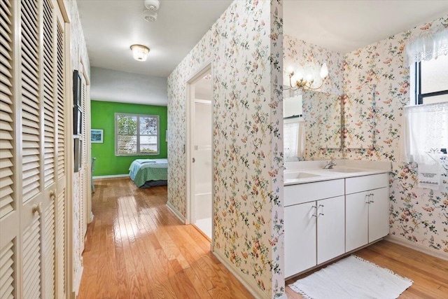 bathroom with hardwood / wood-style flooring and vanity