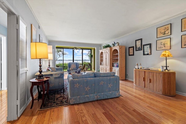 living room with crown molding and light wood-type flooring