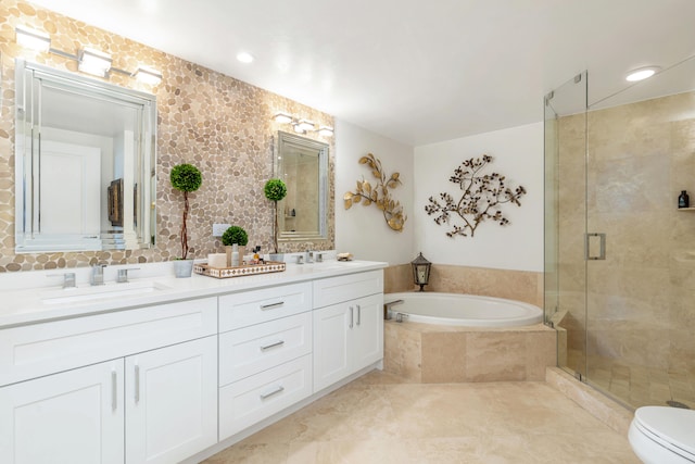 full bathroom featuring plus walk in shower, tile patterned floors, vanity, and toilet