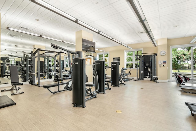 gym with plenty of natural light and light hardwood / wood-style flooring