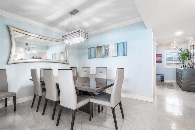 tiled dining area with crown molding and a chandelier