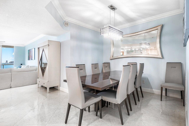 tiled dining room featuring crown molding and a textured ceiling