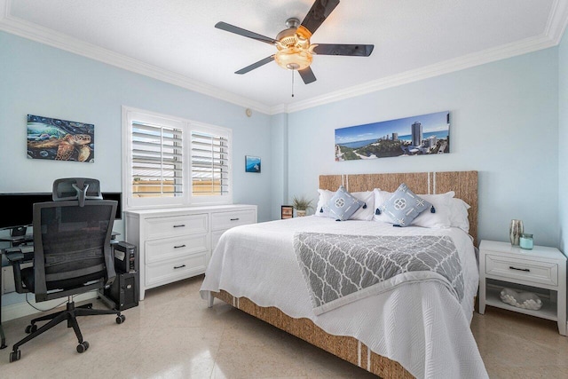 bedroom featuring ceiling fan and crown molding