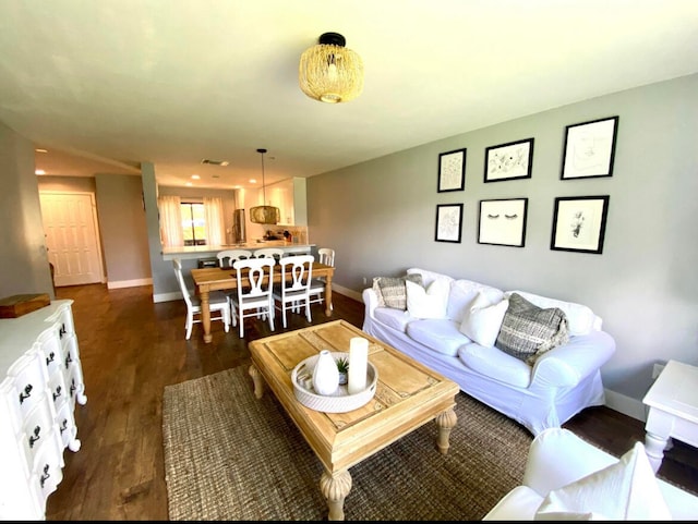 living room featuring dark wood-type flooring