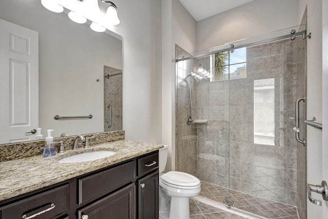 bathroom featuring vanity, tile patterned flooring, a shower stall, and toilet