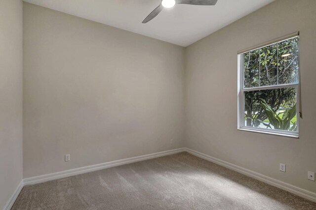 carpeted spare room with a healthy amount of sunlight, ceiling fan, and baseboards