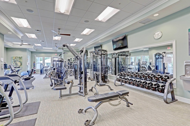 2710 W Mallory Blvd, Jupiter, FL 33458 - gym with carpet flooring, a drop ceiling, a ceiling fan, and baseboards