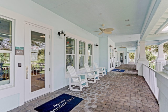 view of patio / terrace with a porch and ceiling fan