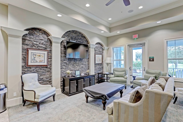 living room featuring carpet floors, ornamental molding, a ceiling fan, and recessed lighting