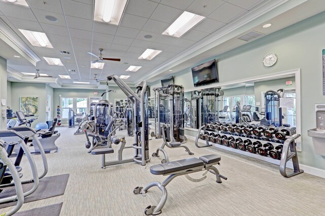 gym featuring a wealth of natural light, light colored carpet, and a paneled ceiling