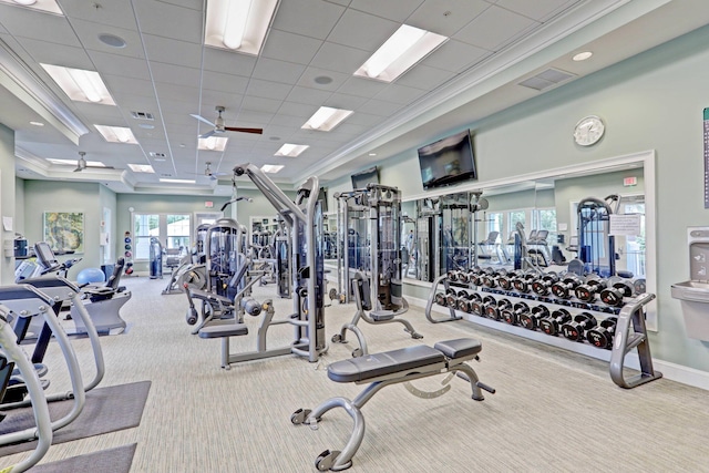 workout area with ornamental molding, carpet flooring, visible vents, and baseboards