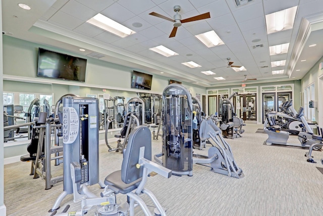 gym featuring ceiling fan, carpet floors, and visible vents