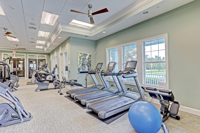 workout area featuring carpet, crown molding, visible vents, ceiling fan, and baseboards