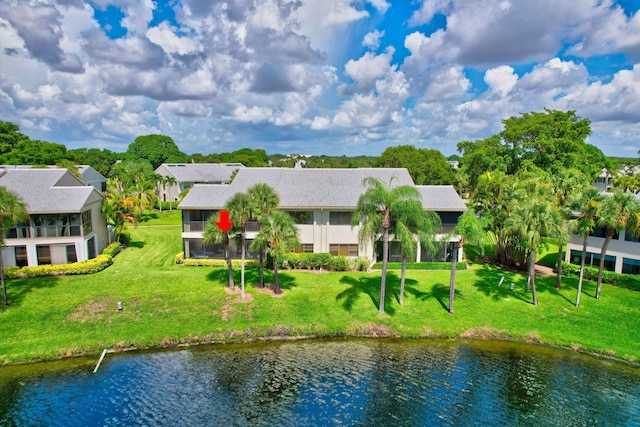 drone / aerial view with a water view