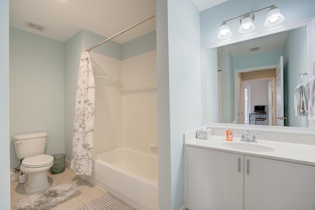 full bathroom with vanity, tile patterned flooring, shower / bath combination with curtain, and toilet