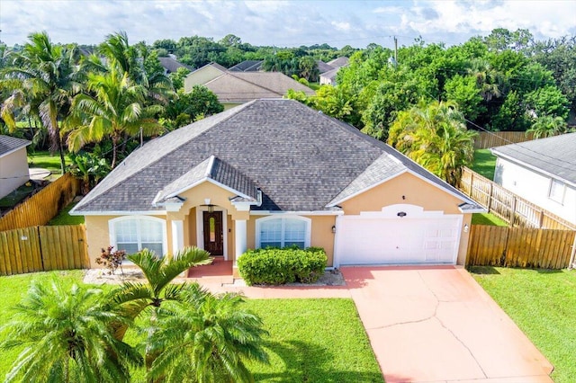 ranch-style house featuring a garage and a front lawn