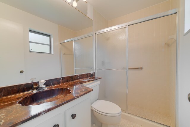 bathroom featuring toilet, vanity, and a shower with shower door