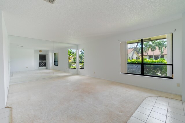 unfurnished living room featuring a textured ceiling and light colored carpet