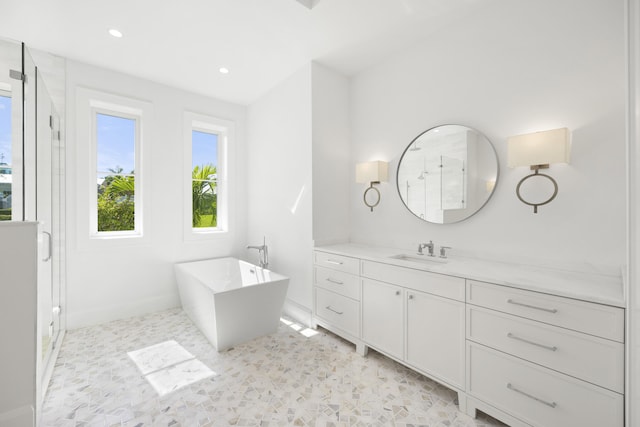 bathroom with separate shower and tub and vanity