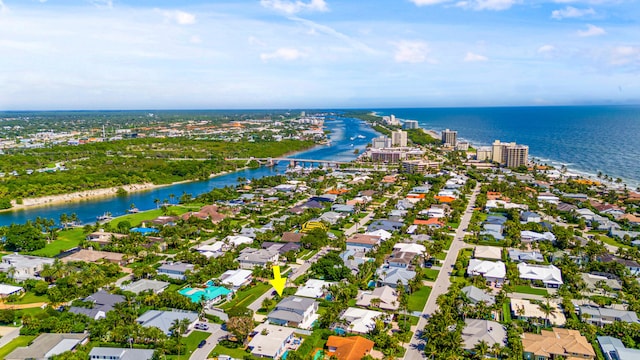 drone / aerial view featuring a water view