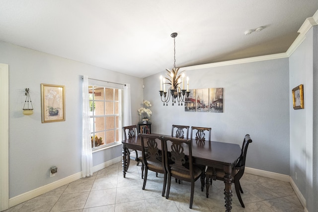 dining room with light tile patterned flooring, crown molding, and a chandelier