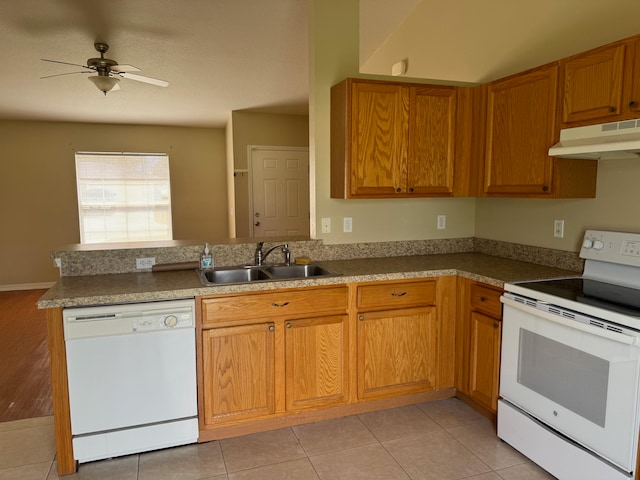 kitchen featuring ceiling fan, white appliances, sink, kitchen peninsula, and light tile patterned floors