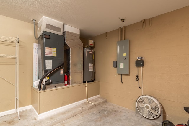 utility room with water heater, electric panel, and heating unit