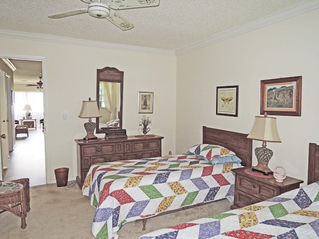 bedroom with a textured ceiling, light carpet, ceiling fan, and crown molding