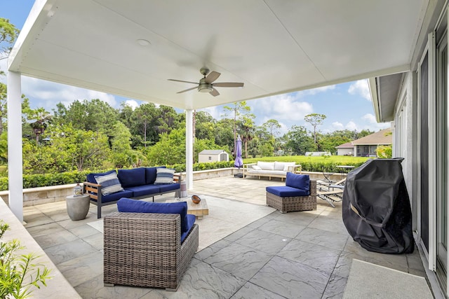 view of patio / terrace featuring ceiling fan and outdoor lounge area