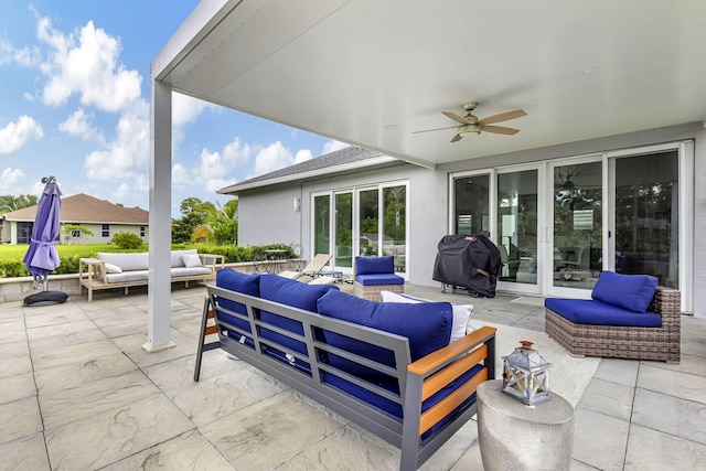 view of patio with ceiling fan, outdoor lounge area, and a grill