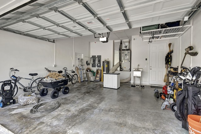 garage featuring a garage door opener and heating unit