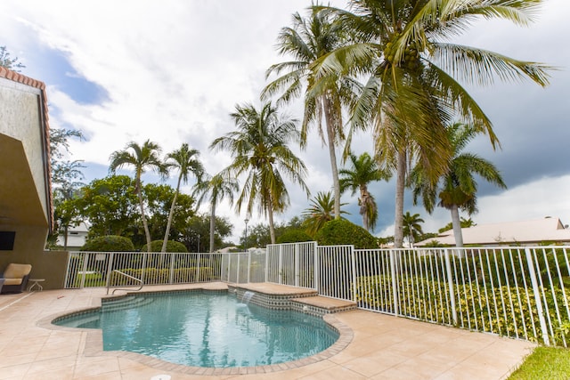 view of swimming pool featuring a patio and a jacuzzi