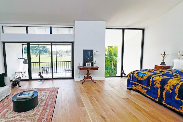 bedroom featuring access to exterior and wood finished floors