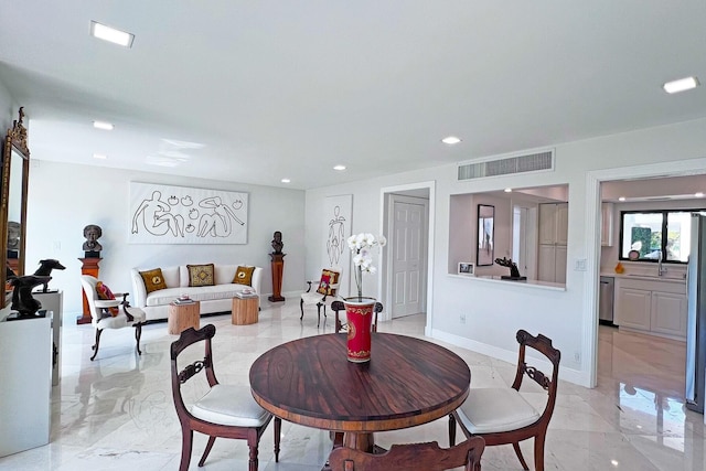 dining space featuring recessed lighting, marble finish floor, visible vents, and baseboards