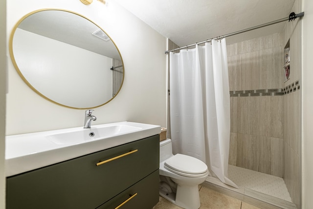 bathroom with toilet, a shower with shower curtain, vanity, and tile patterned floors