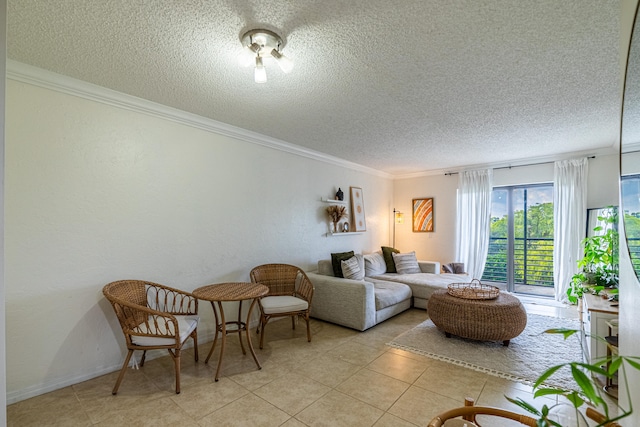 living room with a textured ceiling, crown molding, and light tile patterned floors