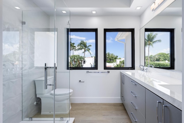 bathroom featuring hardwood / wood-style flooring, plenty of natural light, vanity, and toilet