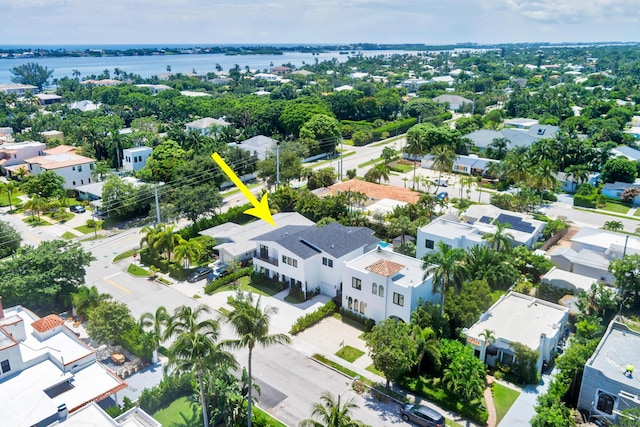 aerial view featuring a water view